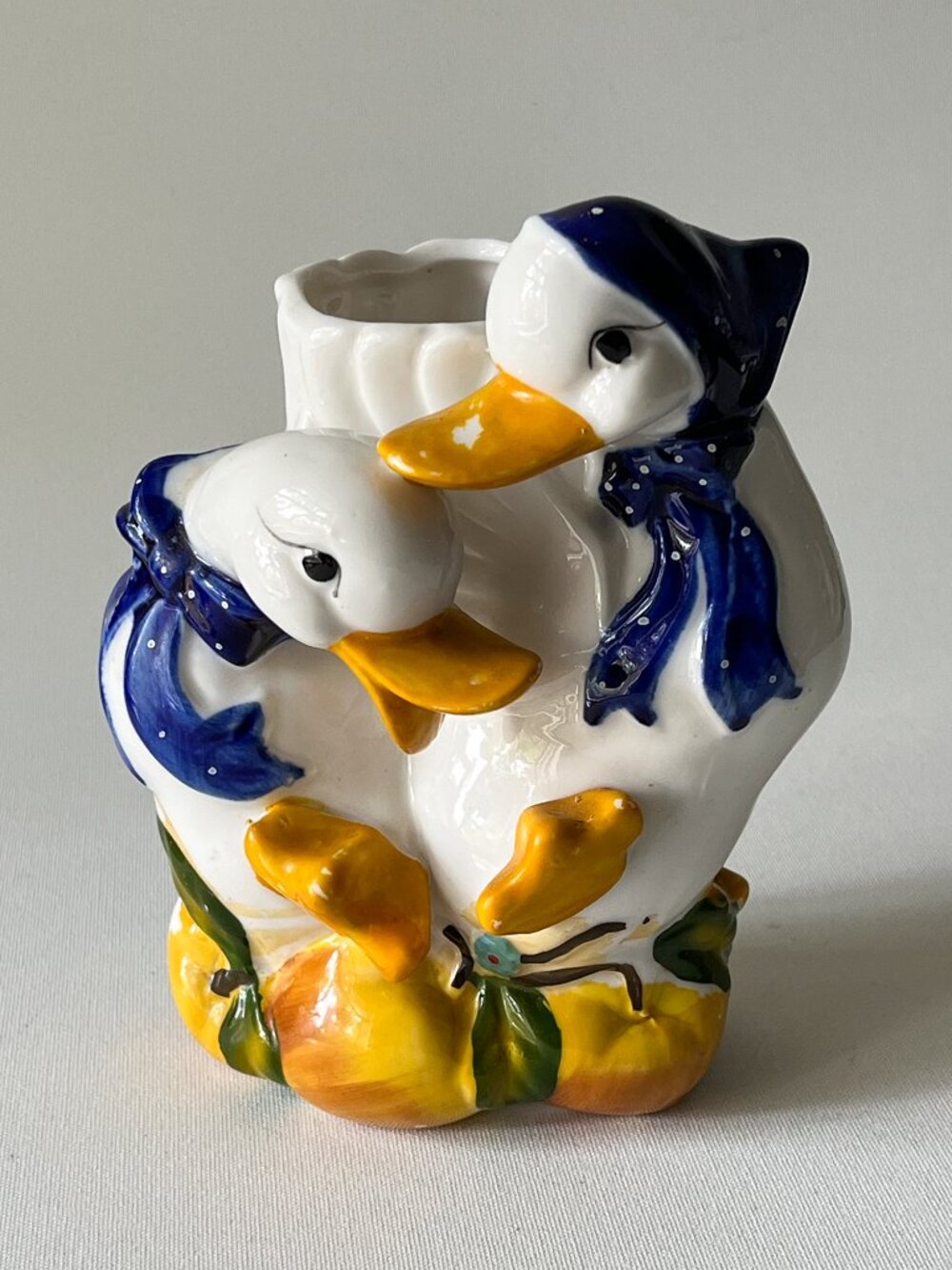 Vintage Kitschy Country Goose Ceramic Vase Blue Bonnet Ducks Planter 6"